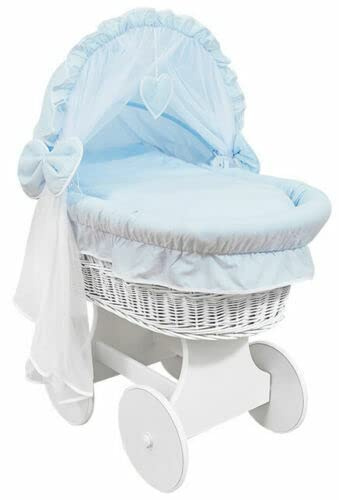 BABYMAM BABY FULL PURE COTTON BEDDING SET WITH HOOD TO FIT WICKER MOSES BASKET (Blue)