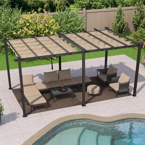 PURPLE LEAF Pergola Aluminium 5,5 x 3 m Tissu Teint en Fil, Pergolas pour Terrasse Extérieur, Pergola Jardin Extérieur Toit Coulissante, Pavillon de Jardin, Kaki