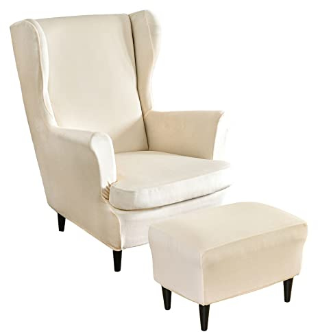 JHLD Samt Stretch Husse für Ohrensessel Mit Ottomane Schonbezug, Ohrensessel Schonbezug Mit Ottomane Bezug Mit elastischem Boden Sesselbezug Für Hunde -Beige-3 Stück