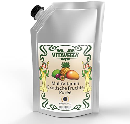 VITAVEGGY Frucht-Püree MultiVitamin Exotische-Tropische-Früchte 1kg mit Ananas Mango Passionsfrucht Maracuja Limette für Obstbrei Fruchtmus Babybrei Obstmus Smoothie Sorbet Müsli (1)