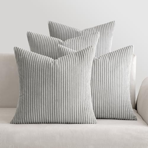 MIULEE Kissenbezug 40x40 4er Set Kordsamt Kissenhülle sofakissen Light Grey | Weiche Kissenhülle Dekorative Sofakissen Quadratische Dekokissen Zierkissenbezug Gestreifte Kissenbezüge für Wohnzimmer