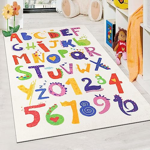 Enyhom Tapis Chambre Enfant Bebe, 100 x 150 cm Tapis de Jeu Enfants avec Alphabet, Chiffres Doux Antidérapant Lavable Superbe Tapis d'apprentissage pour Enfants, Classe Maternelle, Chambre Gaming