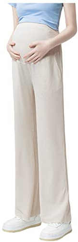Olamao Umstandshose mit breitem Bein, weich, elastischer Bund, verstellbar,für die Schwangerschaft, ideal für Frühling und Sommer, beige, XL