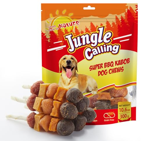 Jungle Calling Dog Treats, Multi-Flavor Kabob Dog Snacks, Edible Dog Kabobs, Made with Chicken, Duck, Beef, Sweet Potato and Pumpkin, Rawhide Sticks for Dogs