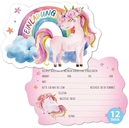 BIROYAL Einhorn Einladungskarten Kindergeburtstag Mädchen, 12 Stück Geburtstagseinladungen Mädchen, 143x99mm - 250g Papier, Hochwertige Umschläge, für Kindergeburtstag Party