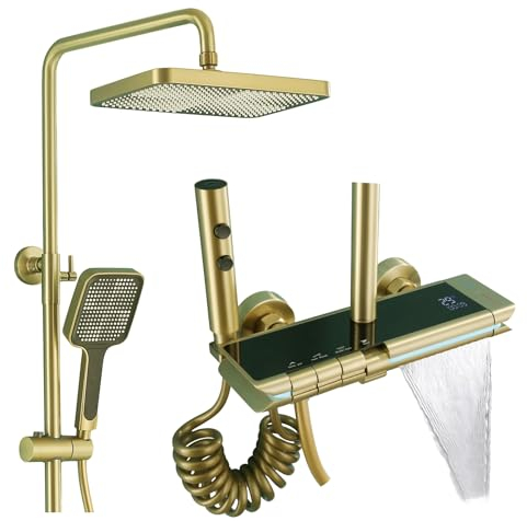 Duschsystem mit Thermostat, Digitalanzeige Duschset Komplettset 4 Funktions Dusche Regendusche Set Duschgarnitur mit Regendusche, Duschkopf, Badewannenarmatur, Bidet Handbrause (Gebürstetes Gold)