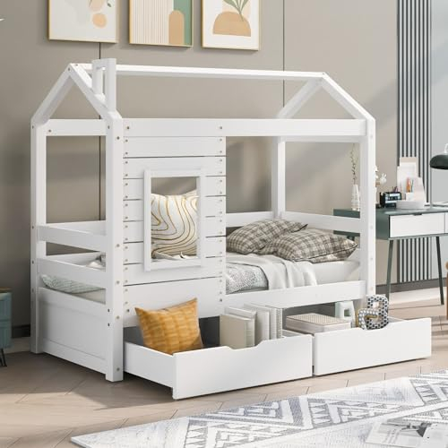 Daesar Hausbett 80X160 mit Rausfallschutz, Kinderbett Jugendbett mit Fenster und Lattenrost, Massivholz Kinder Bett Weiß, Holzbett Kinderbett für Jungen & Mädchen