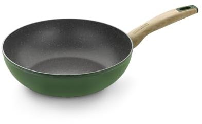 Monix Amazonia | Wok 28 cm, aluminio forjado, antiadherente tricapa, sin PFOA, fondo full induction, asas baquelita y recubrimiento soft touch efecto madera
