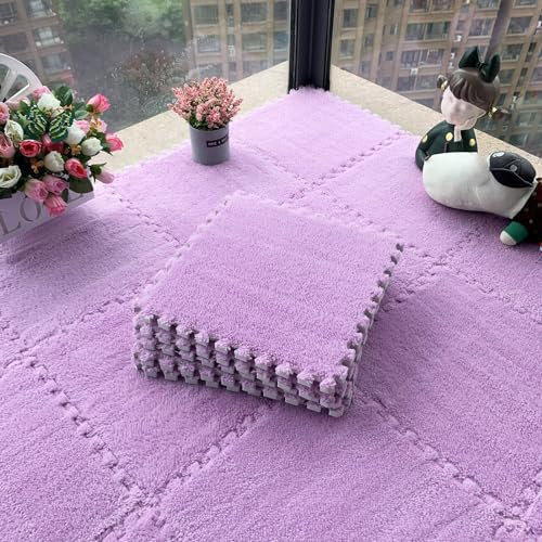 20 Stück ineinandergreifende Schaumstoffmatten für Spielzimmer, Plüschschaum-Bodenfliesen, quadratische Puzzle-Bodenfliesen, Teppichteppich, Heimdekoration, 3,5 x 3 m (Größe: 1,9 cm, Farbe: Violett)