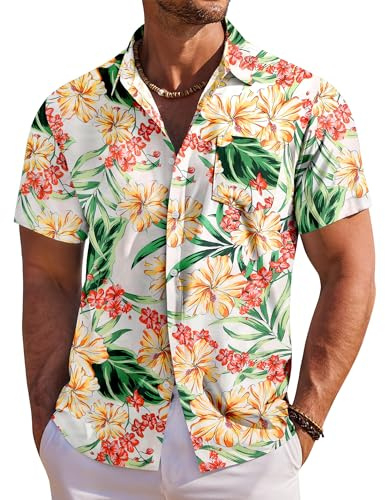 COOFANDY Chemise hawaïenne à manches courtes pour homme, chemise d'été tropicale pour les vacances et la plage avec poche avant, blanc fleur, 3XL