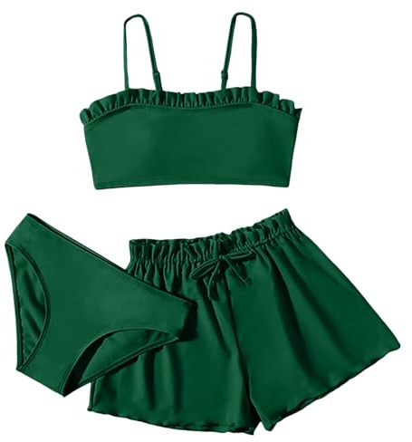 3 Teiliges Mädchen Bikini Sets Einfarbig Badeanzug Verstellbare Bikini Oberteil+Triangel Bikinihose+Kurz Shorts Sommer Strand Schwimmanzug Bademode Badebekleidung für 8-16 Jahre (Grün, 12-14 Jahre)