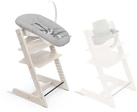 Stokke Tripp Trapp Hochstuhl, Whitewash/White (inklusive Stuhl & Baby Set2) mit Newborn Set - Sicheres, verstellbares, ergonomisches Design