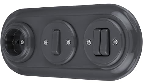 Unterputz Porzellan Retro Steckdose, Schalter, 3-fach, All-in-One, SET Serie PR1 dunkelgrau