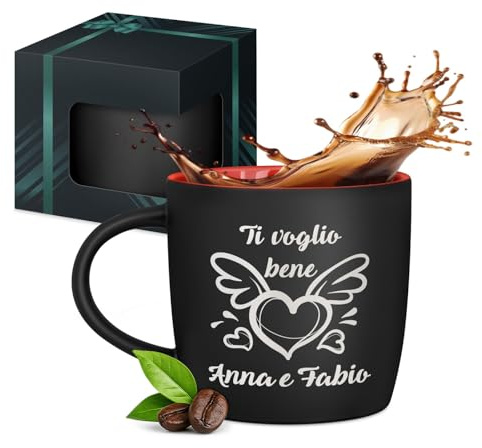 Maverton Tazza da caffelatte o tè in ceramica, 400 ml, Incisione | Personalizzata, Tazze da colazione per bevande per anniversario, Bicchiere con manico per una coppia, Interno rosso, amore