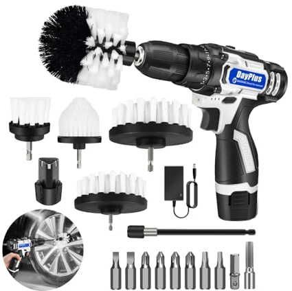 Cordless Drill Brush Set,16.8V Battery Power Drill Drivers Electric Screwdriver,25+1 Torque,for Kitchen,Pool,Flooring and Car Wheels Cleaning (with 10 Drill Bits,5 Brushes,1 Extension Rod)