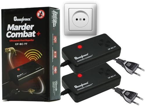 Genieforce® [2 Pack] Marder Combat+ Indoor Marderschutz, Marderschreck Ultraschallgerät, Marderabwehr, Mäuseabwehr für Haus, Dachboden, Keller und Garten, 230V Netzstecker - GF-BC-7T