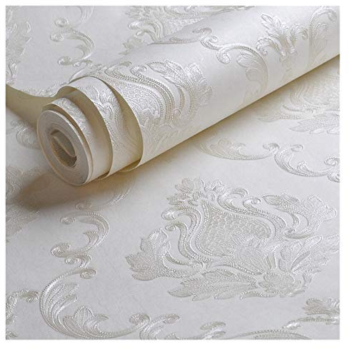 Crepundia Tapete Vliestapete Weiße geprägte Damast Wallpaper Schlafzimmer Wohnzimmer Hintergrund Blumenmuster 3D Texturierte Wandpapier Wohnkultur 10m Roll