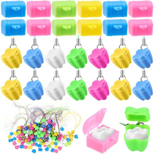 200 Stück Zahnschoner-Halsketten, Zahnhalter, Zahnhalskette, kleine Box, bunte Zahnschoner, Milchzahn-Aufbewahrungskoffer, Zahnfeen-Tasche, Zahnbox, 100 Stück Zahnformen und 100 Stück Schatzbox-Formen