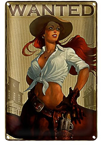 Retro-Stil Blechschild 'Wanted' | Western Cowgirl mit Hut und Revolver | Dekoration für Bar, Wohnzimmer oder Man Cave | 20 cm x 30 cm