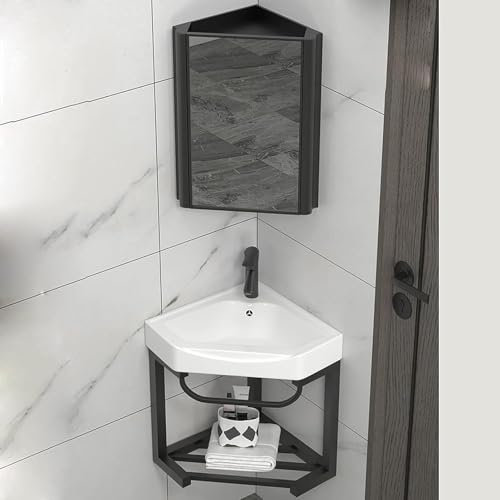 HOLGVE Lavabo d'angle, Meuble-Lavabo d'angle, Lave Main d'angle Bain d'angle, Miroir avec Rangement, Lavabo d'angle Mural, Meuble-Lavabo de Salle de Bain à Montage Mural d'angle(22inchx56cm)