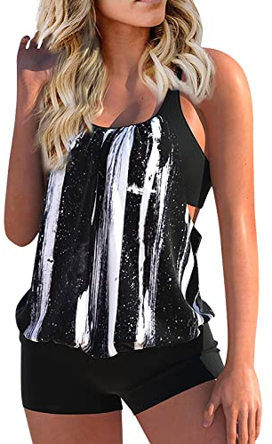 Tankini Maillot De Bain Femme 2 Pieces Grande Taille Tankini Shorty Ronde Amincissant Maillot De Bain Taille Haute Ensemble avec Armature Bikini D'été Pas Cher Marque Swimwear(Noir,XXL)