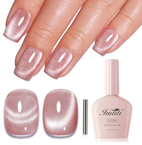 Imtiti Crystal Cat Eye UV Gel, Nude Rosa Glitter Katzenauge UV Nagellack Holografisches Glitzer Gel Nagellack Mit Magnet Frühling Sommer Magnetisch Kit 10ML