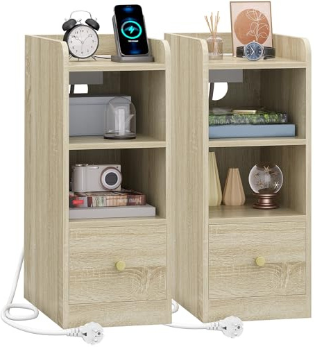 Hzuaneri Sängbord med laddningsstation, USB- och typ C-port, smalt gavelbord med 3 nivåer förvaringsutrymme och 1 låda, nattduksbord för sovrum, vardagsrum, hemmakontor (Eken, 2er Set)