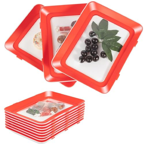 Food Preservation Trays 8pcs Stackable Fresh Storage Containers with TPU Cling Film & Clear Lids Reusable Food-Grade PP Meat Kitchens Holder for Fruits, Vegetables, Camping, Parties, Homes, Hotels-Red