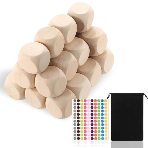 50 Pièces Dés en Bois Non Peints, 20 mm Dés 6 Faces en Bois Vierges, Blocs Cube Boiss, pour Loisirs Créatifs, Puzzles, Artisanat Bricolage, Apprentissage, avec Sac à Cordon et Autocollant à Pois