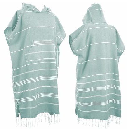 1 x stor turkisk bomull poncho-handduk, surfponcho, omlottrock med huva och framficka, absorberande, bärbar, med huva, strandhandduk för vuxna, män, kvinnor, strand, pool och