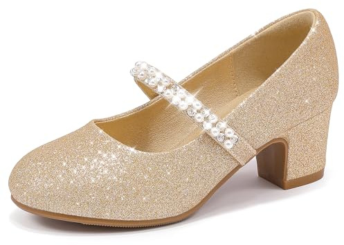 LAURMOSA Mary Jane Fille Chaussure Princesse Fille Chaussures Talon Enfant Doré 35.5 Paillettes Chaussure de Princesse Perles Mariage Anniversaire Festivité Fête Soirée Cérémonie (FRL1039ShGold 5)