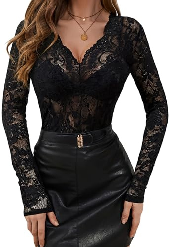 Springcmy Women Floral Embroidery Mesh Lace Sheer Scallop Trim V Neck Long Sleeve Top Undershirts Layering Top Shirts (A Black, M)