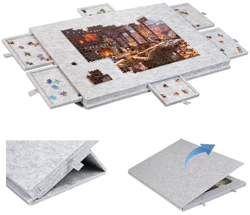Btstil Puzzletisch 1000 Teile, Puzzlebrett mit 2-in-1-Ständer und Abdeckung, Kippbarer Leichter Filz Puzzlebrett mit 6 Schubladen für Spiele Bis zu 1000 Teile (Hellgrau)