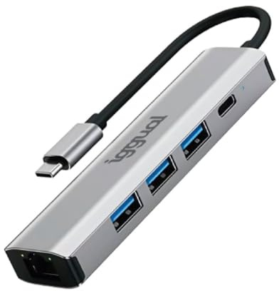 iggual Hub USB-C (5 en 1). -Incluye Salidas: 3xTipo C-3.0,+ 1 USB-C+1 Ethernet Gigabit RJ45 - Adaptador Multipuerto -Plug & Play, Listo para Usar, para Windows, macOS y Linux- Carcasa de Aluminio.