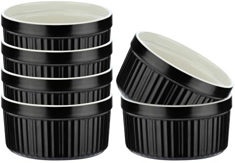 GRÄWE Ceramic Bowls, Set of 6, Crème Brûlée Bowls, Oven-Safe Bowls, 250 ml, Matte Black, Dessert Bowls, Round, Diameter 10 cm, Mini Casserole Dishes, Stackable, Dishwasher Safe