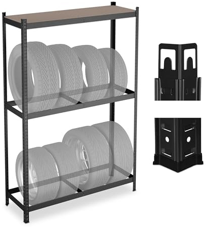 Relaxdays Reifenregal für 8 Reifen, HxBxT: 180 x 120 x 40 cm, 795 kg, Stahl, Stecksystem, Räderregal mit Ablage, schwarz