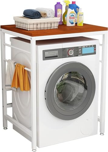 Étagère à linge blanche et noire – Unité de rangement sur pied pour machine à laver et sèche-linge à chargement frontal – Salle de bain pour usage domestique