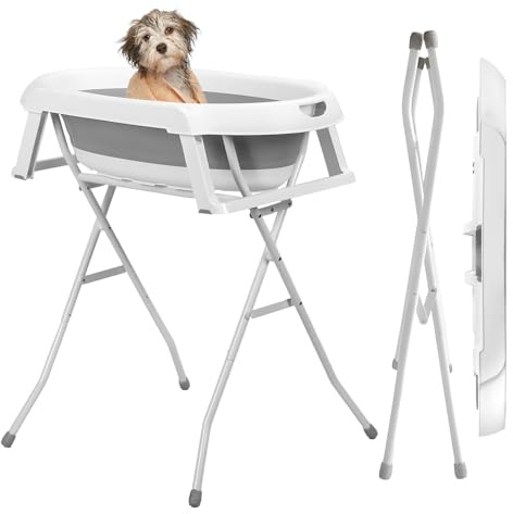 Hundebadewanne mit Gestell, Faltbare Haustier Badewanne bis 15kg, Tragbare Waschstation mit Ablaufschlauch, Rückenschonende 2-in-1 Katzenbadewanne für Indoor Outdoor, Kleine Hunde, Welpen (Greu)