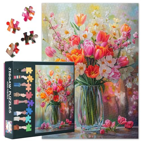 Puzzle de fleurs 1000 pièces pour adultes, fleurs de tulipes colorées | Décoration murale pour la maison, jeux de puzzle difficiles, un cadeau unique pour les amateurs d'art, 70 x 50 cm