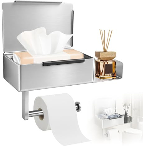 Toilettenpapierhalter mit Feuchttücherbox, Toilettenpapierhalter Ohne Bohren, Edelstahl WC Rollenhalter, Klorollenhalter mit Ablage Toilettenpapier Aufbewahrung für Toilette, Bad, Küche