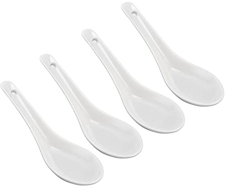 Haofy Cucharas de Sopa Chinas, Elegante Cuchara de Sopa de Cerámica con Largo para el Hogar, Hotel, Restaurante, Cerámica Blanca, Juego de 4