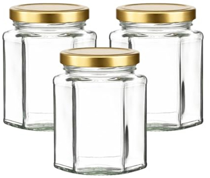 280ml Hexagonal Glass Jars with Twist-Off Lids (Pack of 100, Gold) | Honey, Jam & Chutney Storage | J&B