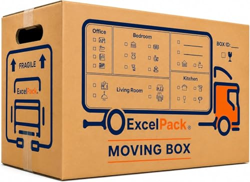 Large Moving Boxes with Carry Handles and Room List, Pack of 10 – Strong Cardboard Boxes 52x30x30cm, 47L Heavy Duty Packing Boxes for House Moving, Storage, Shipping, Removal & Office Use