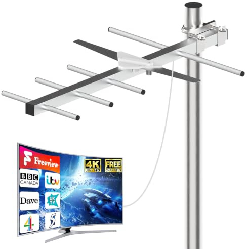 Outdoor TV Aerial for Freeview HD, High Gain Digital HDTV Aerial, UHF/VHF Reception, Roof & Loft Antenna for Smart TVs & Older TVs, 4K/1080P Ready, 10M Coaxial Cable (Mast Not Supplied)