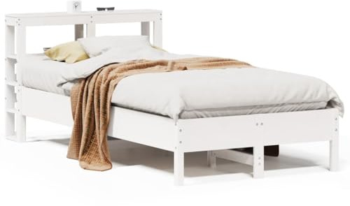 QJBSAVVA Massivholzbett 90x200 cm Weiß Holz Bettgestell aus Kiefernholz mit Lattenrost und Kopfteil mit Ablagen Stauraumbett für Jugendzimmer und Schlafzimmer Bett ohne Matratze
