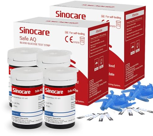 sinocare Diabete Blood Glucose Test Strips x 100 & Diabetes Lancets x 100, Safe AQ Test Strips, Blood Sugar Test Strips with Lancets 100 for Safe AQ Smart/Voice Only