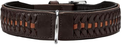 HUNTER Solid Education Exclusive Hundehalsband | Rindsleder, mit Leder unterlegt, geflochtenes Element, zeitlos, made in Germany, Farbe: Dunkelbraun/Schwarz, Größe: 55