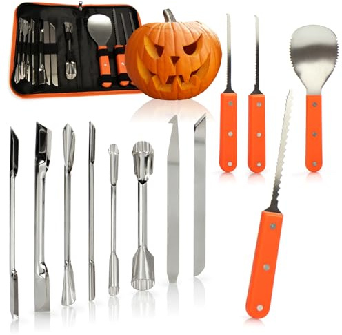 COM-FOUR® 12-delars pumpasnideri för Halloween - skärverktyg för urholkning av pumpor - kniv, sked och snidningstillbehör i premiumpåse (Påse + 12 stycken - orange)