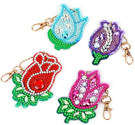 VETPW 4 delar 5D gör-det-själv diamantkonst målning nyckelring kit, dubbelsidig full borr strass målning ros blomma form nyckelringar hänge för kvinnor handväska ryggsäck handväska dekor