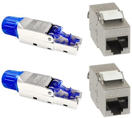ARLI Cat8 Set = Cat8.1 RJ45 2 Keystone + 2 Netzwerkstecker Jack Modul Netzwerk Stecker Buchse 2000 MHz 40Gbit vollgeschirmt Metall werkzeuglos werkzeugfrei LSA Snap In Montage STP Cat Netzwerkkabel